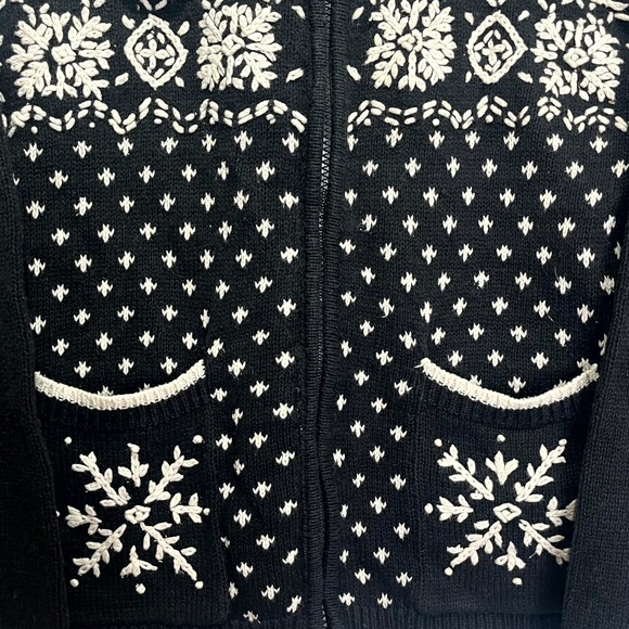 SML Sport Cardigan Sweater Womens Medium Black White Fair Isle Snowflake Zip Up - Picture 5 of 14